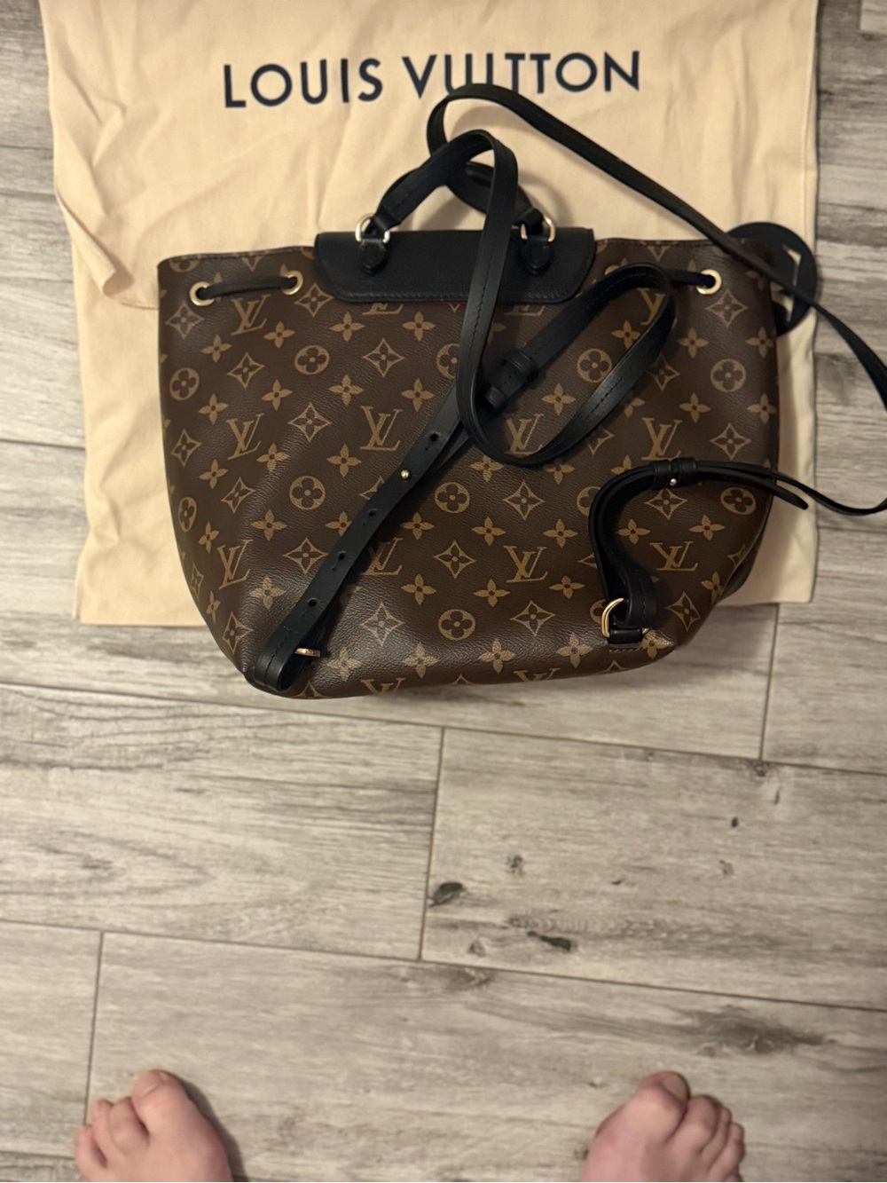 Louis Vuitton Brown Monogram Canvas Drawstring Backpack with Black Flap - Picture 2 of 6